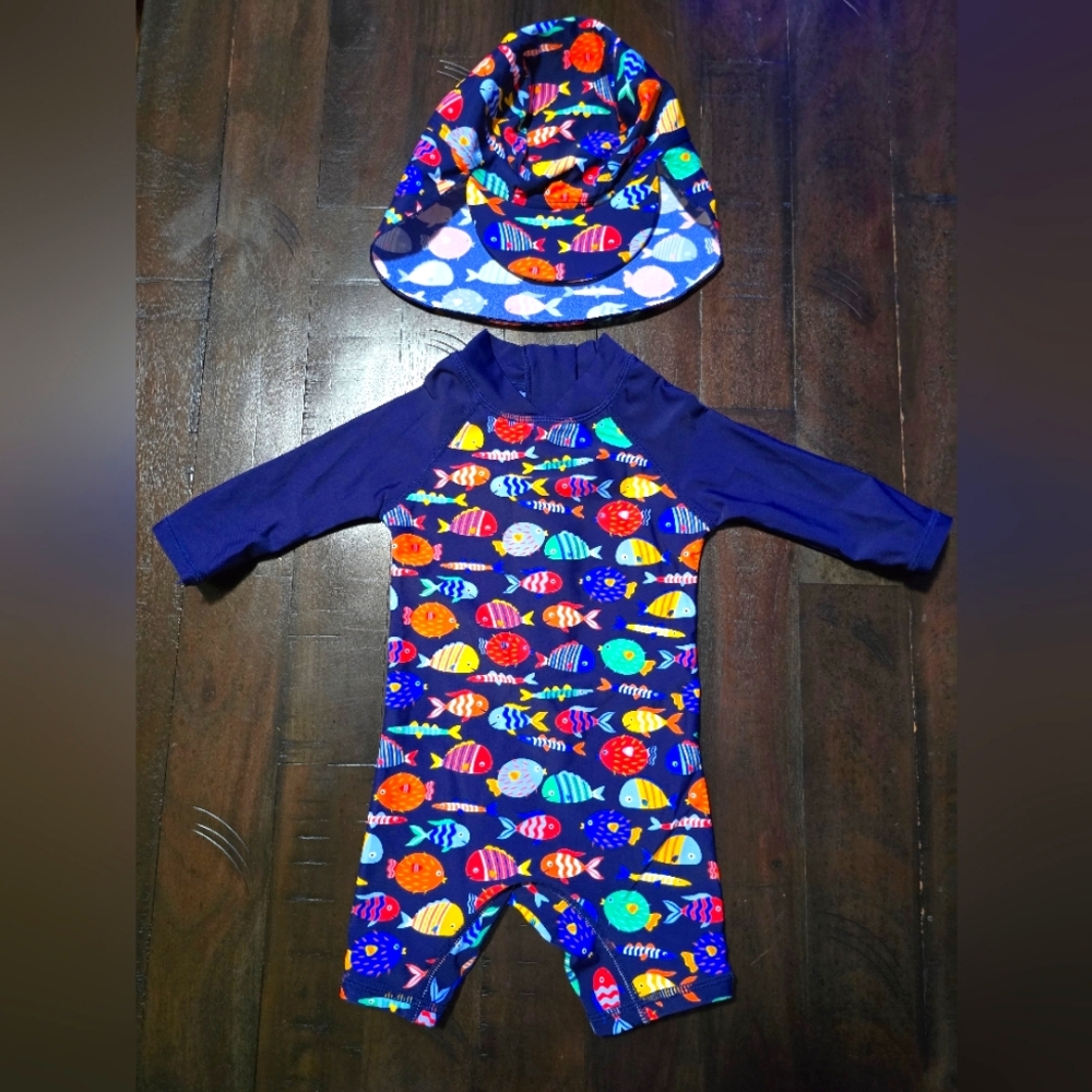 Colorful Fish Print Baby Swimsuit with Hat